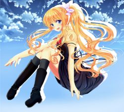 Rule 34 | 00s, 1girl, air (visual novel), blonde hair, blue eyes, boots, cloud, day, hair ribbon, highres, isoko (isokomattyon), kamio misuzu, long hair, ponytail, ribbon, school uniform, sky, smile, solo, very long hair