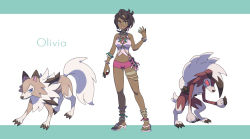 Rule 34 | 1girl, anklet, bangle, banned artist, bead necklace, beads, black eyes, bracelet, bright pupils, brown hair, character name, closed mouth, commentary request, creatures (company), crop top, dark-skinned female, dark skin, diamond (shape), earrings, forgotten artist, full body, game freak, gem, gen 7 pokemon, hand up, high heels, highres, holding, holding poke ball, jewelry, knees, lycanroc, lycanroc (midday), lycanroc (midnight), nail polish, neck ring, necklace, nintendo, olivia (pokemon), pink lips, pink shirt, poke ball, poke ball (basic), pokemon, pokemon (creature), pokemon sm, purple shorts, shirt, short hair, short shorts, shorts, sleeveless, smile, standing, swept bangs, thighlet, toenail polish, toenails, toes, z-ring