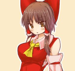 Rule 34 | 1girl, ascot, blush, bow, breasts, brown eyes, brown hair, commentary request, cookie (touhou), detached sleeves, hair bow, hair tubes, hakurei reimu, large breasts, long hair, looking at viewer, nnns, reu (cookie), sarashi, solo, touhou, upper body