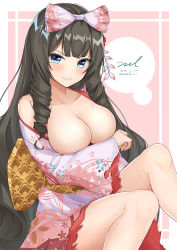 Rule 34 | 1girl, bare shoulders, black hair, blue eyes, blush, bow, breasts, cleavage, closed mouth, collarbone, curly hair, dated, flower, girls&#039; frontline, hair bow, hair flower, hair ornament, howa type 64 (girls&#039; frontline), howa type 64 (new year wish) (girls&#039; frontline), japanese clothes, kanzashi, kimono, knee up, large breasts, long hair, long sleeves, looking at viewer, obi, off shoulder, official alternate costume, pink bow, pink kimono, red flower, sash, sidelocks, signature, sitting, solo, tearing up, torn clothes, torn kimono, twitter username, unel, v-shaped eyebrows, very long hair, wavy mouth, wide sleeves