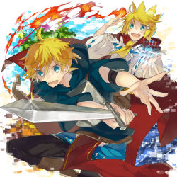 Rule 34 | &gt;:d, 1boy, 1girl, :d, ahoge, armor, blonde hair, blue eyes, blush, breastplate, brother and sister, cape, casting spell, chest plate, crown, fire, foreshortening, glint, hair ornament, hairclip, holding, holding sword, holding weapon, kagamine len, kagamine rin, kazutake hazano, magic, neckerchief, open mouth, pixelated, red cape, shinde shimau to wa nasakenai! (vocaloid), shinde shimau to wanasakenai!, shinde shimau to wanasakenai! (vocaloid), short hair, siblings, smile, sweatdrop, sword, v-shaped eyebrows, vocaloid, weapon, wide sleeves