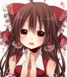 Rule 34 | 1girl, bare shoulders, blush, brown hair, colorized, detached sleeves, fang, female focus, hair tubes, hakurei reimu, heart, long hair, open mouth, own hands together, red eyes, simple background, solo, touhou, white background, yamasuta