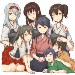 Rule 34 | 10s, 6+girls, akagi (kancolle), arm on another&#039;s shoulder, bad id, bad pixiv id, blue eyes, blue hair, blush, brown eyes, brown hair, closed eyes, green eyes, green hair, hair ribbon, hairband, hakama, hakama skirt, hand on another&#039;s head, hiryuu (kancolle), houshou (kancolle), japanese clothes, kaga (kancolle), kantai collection, kimono, long hair, lying, lying on person, miko, mother&#039;s day, multiple girls, muneate, nemubusoku, on stomach, open mouth, red hakama, ribbon, short hair, shoukaku (kancolle), side ponytail, silver hair, sitting, skirt, smile, souryuu (kancolle), twintails, white background, zuikaku (kancolle)