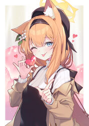 Rule 34 | 1girl, absurdres, animal ear fluff, animal ears, black hairband, blue archive, blue eyes, blush, brown coat, coat, commentary, flower, hair flower, hair ornament, hairband, halo, heart, highres, long hair, long sleeves, mari (blue archive), muo (muojjang 0929), one eye closed, open clothes, open coat, orange hair, ribbed sweater, solo, sweater, symbol-only commentary, tongue, tongue out, upper body, white flower, white sweater, yellow halo