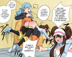 Rule 34 | 2girls, ace trainer (pokemon), ass, black legwear, blue hair, bottomless, brown hair, clothes pull, comic, creatures (company), crying, crying with eyes open, embarrassed, female focus, femdom, game freak, hard-translated, indoors, multiple girls, nintendo, panties, panty pull, pantyhose, pantyhose pull, pinkiri (jawking), pokemon, pokemon bw, pokemon bw2, rosa (pokemon), shoes, shorts, shorts pull, sneakers, spanked, spanking, tears, third-party edit, underwear, visor cap, yellow panties
