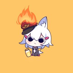 Rule 34 | 1girl, chibi, cross (vgne4542), cup, fire, highres, holding, holding cup, phase connect, short hair, simple background, solo, tail, tenma maemi, virtual youtuber, white hair, yellow background
