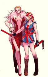 Rule 34 | 2girls, bad id, bad pixiv id, bangle, bare legs, billy kane, blonde hair, blue eyes, boots, bracelet, braid, breasts, cleavage, cross-laced footwear, fatal fury, feather boa, fingerless gloves, flag print, geese howard, genderswap, genderswap (mtf), gloves, hand on own hip, headband, itkz (silentknight), jewelry, lace-up boots, long hair, long legs, medium breasts, midnight bliss, multiple girls, print shirt, shirt, short hair, side slit, snk, svc chaos, the king of fighters, torn clothes, torn sleeves, union jack