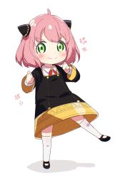 Rule 34 | &gt;:), 1girl, ahoge, anya (spy x family), black dress, black footwear, blush, closed mouth, collared shirt, commentary request, dress, floral background, full body, green eyes, highres, kneehighs, long sleeves, okota mikan, pink hair, shadow, shirt, shoes, smile, socks, solo, spy x family, standing, standing on one leg, v-shaped eyebrows, white background, white shirt, white socks