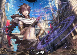 Rule 34 | 1boy, :d, black hair, building, copyright name, earrings, flag, hand on own hip, holding, jewelry, judal, komecchi, long hair, magi the labyrinth of magic, magic circle, male focus, navel, open mouth, red eyes, smile, solo, very long hair, wand