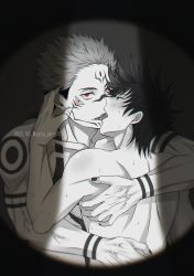 Rule 34 | 2022, 2boys, arm tattoo, back, black nails, blush, chest tattoo, commentary request, dated, extra eyes, facial tattoo, fingernails, french kiss, fushiguro megumi, green eyes, hand on another&#039;s face, hands on another&#039;s back, highres, jujutsu kaisen, kiss, looking at viewer, male focus, monochrome, multiple boys, muscular, muscular male, nail polish, nude, pectorals, red eyes, ryoumen sukuna (jujutsu kaisen), saliva, sato zero915, short hair, shoulder tattoo, spiked hair, spotlight, sweat, tattoo, tongue, tongue out, twitter username, undercut, veins, yaoi