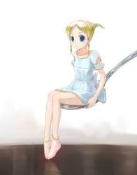 Rule 34 | 1girl, anklet, barefoot, blonde hair, blue eyes, braid, braided ponytail, closed mouth, commentary, dress, highres, ikeda jun (mizutamari), jewelry, lace, lace-trimmed dress, lace trim, looking at viewer, mini person, minigirl, original, redrawn, short dress, short hair, sidelocks, sitting, smile, solo, spoon, white dress