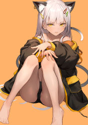 Rule 34 | 1girl, absurdres, animal ear fluff, animal ears, bare legs, barefoot, black jacket, black panties, boots, cat ears, cat girl, cat tail, dampi, extra ears, grey hair, hair ornament, hairclip, highres, jacket, knee boots, knees together feet apart, long hair, long sleeves, off shoulder, open clothes, open jacket, orange background, original, panties, parted lips, partially visible vulva, puffy long sleeves, puffy sleeves, simple background, sitting, solo, tail, tail raised, underwear, very long hair, yellow eyes