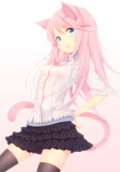 Rule 34 | 1girl, animal ears, arched back, black thighhighs, blue eyes, cat ears, cat tail, eyelashes, fang, frilled skirt, frills, hair ornament, hairclip, hand on own hip, long hair, looking at viewer, looking down, open mouth, original, pink hair, shirt, simple background, skirt, solo, tail, tareme, taut clothes, taut shirt, thighhighs, white background, zettai ryouiki, zizi (zz22)
