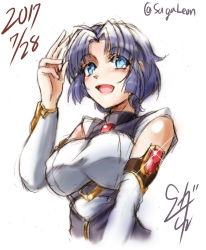 Rule 34 | 1girl, artist name, blue eyes, blue hair, breasts, clip studio paint (medium), cropped torso, dated, detached sleeves, kusuha mizuha, looking down, medium breasts, open mouth, parted bangs, pilot suit, short hair, solo, suga leon, super robot wars, super robot wars original generation, white background