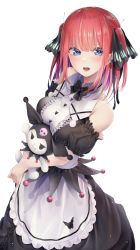 Rule 34 | 1girl, absurdres, apron, black bow, black bowtie, blue eyes, blush, bow, bowtie, braid, dress, frilled apron, frilled dress, frills, go-toubun no hanayome, hair bow, highres, looking at viewer, nakano nino, onegai my melody, open mouth, pink hair, sanrio, shirono kuromi, simple background, solo, stuffed toy, white background, yuunamida uyu