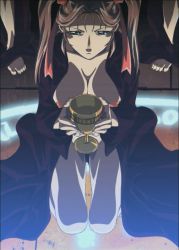Rule 34 | 00s, 1girl, bible black, breasts, brown hair, cup, hair ribbon, holding, holding cup, kneeling, large breasts, lips, long hair, magic circle, nipples, open clothes, ribbon, robe, screencap, serious, shin bible black, shiny skin, solo, third-party edit, toudou yuki, twintails, upper body, very long hair