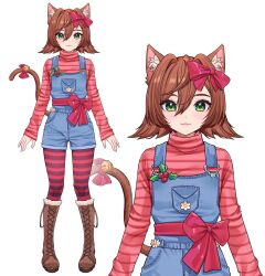 Rule 34 | 1girl, animal ears, brown hair, cat ears, cat tail, green eyes, original, overalls, pawsup, tail