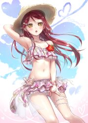 Rule 34 | 10s, 1girl, :o, armpits, blush, corsage, earrings, floral print, flower, frilled skirt, frills, hair ornament, hairclip, hand on headwear, hat, heart, jewelry, bridal garter, lips, lma, long hair, looking at viewer, love live!, love live! school idol festival, love live! sunshine!!, midriff, navel, necklace, red hair, sakurauchi riko, signature, skirt, solo, straw hat, yellow eyes