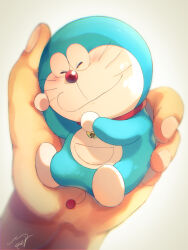 Rule 34 | 1other, ^ ^, alternate size, artist name, bell, blush, blush stickers, closed eyes, closed mouth, collar, commentary request, doraemon, doraemon (character), fingernails, grey background, holding, in palm, jingle bell, lying, masser0209, neck bell, pov, red collar, signature, simple background, smile, solo focus, whiskers