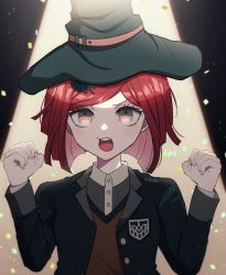 Rule 34 | 1girl, artist name, black jacket, blouse, brown eyes, brown vest, collared shirt, confetti, danganronpa (series), danganronpa v3: killing harmony, dress shirt, green hat, grey shirt, hair ornament, hat, jacket, long sleeves, looking at viewer, mikao (eanv5385), open clothes, open jacket, open mouth, red hair, shirt, short hair, solo, teeth, upper body, upper teeth only, vest, witch hat, yumeno himiko