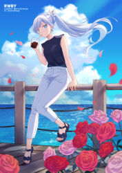 Rule 34 | 1girl, absurdres, against railing, artist name, black shirt, blue eyes, blue sky, casual, character name, cloud, commentary, copyright name, cup, disposable cup, drinking, drinking straw, earrings, english commentary, falling petals, floating hair, flower, full body, hair ornament, highres, holding, holding cup, ice, ice cube, jewelry, against railing, long hair, looking at viewer, maguro (guromaguro), ocean, pants, petals, pink flower, pink rose, ponytail, railing, red flower, red rose, rose, rwby, sandals, scar, scar across eye, shirt, shirt tucked in, sky, sleeveless, sleeveless shirt, solo, sunlight, toes, water, weiss schnee, white hair, white pants