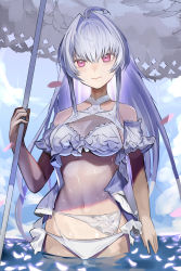 Rule 34 | 1girl, absurdres, ahoge, bare shoulders, basaru 1106, bikini, blue sky, breasts, fate/grand order, fate/prototype, fate (series), frilled bikini, frills, highres, lady avalon (fate), lady avalon (second ascension) (fate), long hair, looking at viewer, medium breasts, merlin (fate/prototype), navel, ocean, parasol, purple eyes, sky, smile, solo, swimsuit, umbrella, very long hair, wading, white bikini, white hair