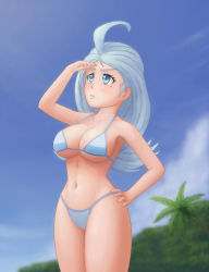 Rule 34 | 1girl, ahoge, beach, bikini, blue bikini, blue eyes, blue sky, breasts, creatures (company), day, facing viewer, female pubic hair, game freak, hand on thigh, kahili (pokemon), long hair, looking at another, looking to the side, medium breasts, nintendo, outdoors, palm tree, pokemon, pokemon sm, pubic hair, saf-404, sky, solo, swimsuit, thighs, tree