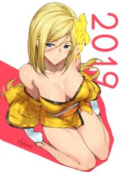 Rule 34 | 1girl, ashiomi masato, bare legs, blonde hair, blue eyes, breasts, cleavage, closed mouth, flower, from above, guilty gear, guilty gear xrd, hair between eyes, hair flower, hair ornament, half-closed eyes, japanese clothes, kimono, knees together feet apart, large breasts, long hair, millia rage, obi, sash, short kimono, sitting, smile, solo, tabi, very long hair, wariza