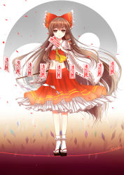 Rule 34 | 1girl, absurdres, artist name, bow, brown eyes, brown hair, crop top, detached sleeves, floating hair, frilled bow, frilled socks, frills, full body, hair between eyes, hair bow, hair tubes, hakurei reimu, highres, holding, layered skirt, long hair, long sleeves, looking at viewer, medium skirt, midriff, navel, parted lips, print skirt, red bow, red skirt, rhode, ribbon-trimmed sleeves, ribbon trim, skirt, socks, solo, standing, stomach, tabi, touhou, very long hair, white sleeves, white socks, wide sleeves, yellow neckwear