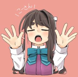 Rule 34 | 1girl, arms up, blue bow, bow, brown hair, closed eyes, commentary request, highres, kantai collection, long hair, macbail, multicolored hair, naganami (kancolle), open mouth, pink background, pink hair, school uniform, serafuku, solo, teeth, thick eyebrows, translated, upper teeth only