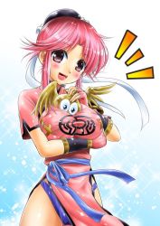 Rule 34 | 1girl, between breasts, blush, breasts, brown eyes, bun cover, china dress, chinese clothes, dragon quest, dragon quest dai no daibouken, dress, fingerless gloves, gloves, large breasts, looking at viewer, maam, open mouth, pink hair, short hair, slime (dragon quest), solo, tsubakiyama parry, wings