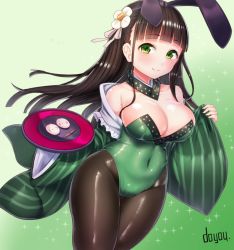 Rule 34 | 1girl, adapted costume, ama usa an uniform, animal ears, artist name, bare shoulders, black pantyhose, blush, breasts, brown hair, cleavage, covered erect nipples, covered navel, detached collar, doyouwantto, fake animal ears, flower, gochuumon wa usagi desu ka?, gradient background, green background, green eyes, green kimono, hair flower, hair ornament, japanese clothes, kimono, large breasts, leotard, long hair, looking at viewer, pantyhose, playboy bunny, rabbit ears, signature, smile, solo, sparkle, thighs, tray, ujimatsu chiya, wide sleeves, wrist cuffs