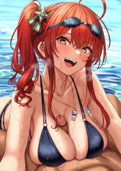 Rule 34 | 1boy, 1girl, absurdres, ahoge, azur lane, bikini, black bikini, blush, breasts, brown eyes, censored, check commentary, cleavage, collarbone, commander (azur lane), commentary request, covered erect nipples, goggles, goggles on head, hair between eyes, hair ornament, handsfree paizuri, head tilt, heavy breathing, hetero, highres, large breasts, leaning forward, long hair, looking at viewer, momo no sukebe, mosaic censoring, o-ring, o-ring bikini, open mouth, paizuri, paizuri under clothes, penis, pov, red hair, side ponytail, sidelocks, smile, solo focus, swimsuit, tongue, tongue out, wet, whistle, whistle around neck, zara (azur lane), zara (poolside coincidence) (azur lane)