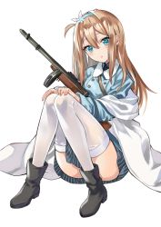 Rule 34 | 1girl, bad id, bad pixiv id, black footwear, blonde hair, blue eyes, blue jacket, blush, boots, buttons, convenient leg, double-breasted, full body, girls&#039; frontline, gun, hair between eyes, hair ornament, hairband, hands on own knees, head tilt, highres, holding, holding gun, holding weapon, jacket, knees together feet apart, knees up, long hair, long sleeves, looking at viewer, open mouth, ryun025, simple background, sitting, skirt, snowflake hair ornament, solo, submachine gun, suomi (girls&#039; frontline), suomi kp/-31, thighhighs, weapon, white background, white thighhighs