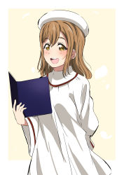 Rule 34 | 1girl, :d, absurdres, arm behind back, beret, book, brown eyes, brown hair, hat, highres, holding, holding book, kunikida hanamaru, long hair, long sleeves, looking at viewer, love live!, love live! school idol festival, love live! sunshine!!, music, open mouth, robe, simple background, singing, smile, solo, vorupi, white hat, white robe, yellow background