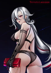 Rule 34 | 1girl, arlecchino (genshin impact), ass, black background, black bra, bra, commentary, cowboy shot, earrings, genshin impact, highres, holding, jewelry, long hair, red lips, solo, standing, thighs, tomatolacoon, underwear, underwear only, very long hair, white hair
