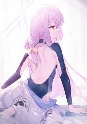 Rule 34 | 1girl, arm support, atsuko (blue archive), back, barefoot, blue archive, bow, closed mouth, from behind, grey halo, hair bow, halo, highres, jacket, kyaroru, long hair, orange bow, profile, purple hair, red eyes, soles, solo, toes, unworn jacket, white jacket