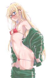 Rule 34 | 1girl, absurdres, ass, blonde hair, blue eyes, blush, breasts, closed mouth, fang, fang out, female focus, glasses, highres, long hair, looking at viewer, maruta, saenai heroine no sodatekata, sawamura spencer eriri, simple background, small breasts, solo, standing, swimsuit, undressing