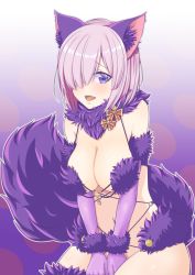 Rule 34 | 1girl, animal costume, animal ears, bare shoulders, breasts, cat ears, cat tail, cleavage, fang, fate/grand order, fate (series), hair over one eye, halloween costume, highres, large breasts, lein, long hair, looking at viewer, mash kyrielight, mash kyrielight (dangerous beast), o-ring, o-ring top, official alternate costume, purple eyes, purple hair, short hair, solo, tail, thighs, wolf ears, wolf tail