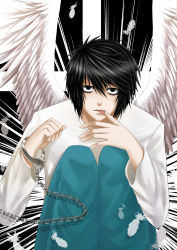 Rule 34 | 1boy, absurdres, bags under eyes, black eyes, black hair, cuffs, death note, feathered wings, feathers, licking finger, handcuffs, highres, l (death note), licking, licking hand, looking at viewer, male focus, shirt, short hair, sitting, solo, upper body, white shirt, wings, yoneyu
