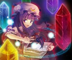 Rule 34 | 1girl, book, capelet, crescent, crystal, dress, female focus, hair ribbon, hat, lights, long hair, magic circle, open mouth, patchouli knowledge, pikoring, pink dress, purple eyes, purple hair, ribbon, solo, striped clothes, striped dress, touhou