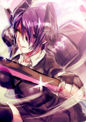 Rule 34 | 10s, 1girl, black gloves, black thighhighs, breasts, cardigan, dress shirt, eyepatch, fingerless gloves, gloves, headgear, holding, holding sword, holding weapon, kantai collection, large breasts, machinery, necktie, open mouth, pleated skirt, purple hair, purple theme, shirt, short hair, skirt, smile, solo, sparkle, sword, tenryuu (kancolle), thighhighs, turret, unabara misumi, weapon, yellow eyes, zettai ryouiki