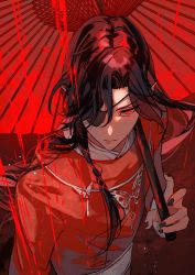 Rule 34 | 1boy, black hair, braid, bug, butterfly, chinese clothes, earrings, eyepatch, half updo, highres, holding, holding umbrella, hua cheng, insect, jewelry, long hair, long sleeves, looking at viewer, male focus, rain, red eyes, sakuramochi1003, single braid, tianguan cifu, umbrella, very long hair, white butterfly, wide sleeves