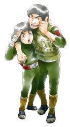 Rule 34 | 2boys, arm around shoulder, bandaged hand, bandages, belt, black eyes, black hair, blush, bowl cut, full body, green jumpsuit, green vest, jumpsuit, leg warmers, lower teeth only, male focus, might guy, multiple boys, naruto (series), open mouth, rock lee, salute, sandals, smile, standing, teeth, thick eyebrows, thumbs up, toeless footwear, torimaru-douhu, upper teeth only, vest, white background, wide-eyed