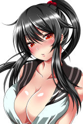 Rule 34 | 10s, 1girl, ar (lover boy), black hair, blush, breasts, cleavage, collarbone, hair ribbon, highres, kantai collection, large breasts, long hair, looking at viewer, open clothes, open shirt, parted lips, ponytail, red eyes, red ribbon, ribbon, shirt, sleeveless, sleeveless shirt, solo, upper body, yahagi (kancolle)