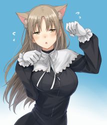 Rule 34 | 1girl, :o, animal ear fluff, animal ears, arm up, black dress, blue background, breasts, brown eyes, cat ears, dress, flying sweatdrops, gloves, gradient background, hair between eyes, hand up, head tilt, highres, kemonomimi mode, large breasts, light brown hair, long hair, long sleeves, neck ribbon, nijisanji, no headwear, parted lips, paw pose, ribbon, sister claire, sister claire (1st costume), solo, somechime (sometime1209), very long hair, virtual youtuber, white background, white gloves, white ribbon