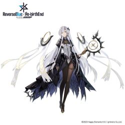 1girl character_request earrings full_body hair_ornament holding holding_staff jewelry long_hair long_sleeves looking_at_viewer pantyhose puffy_sleeves reverseblue_x_re-birthend siino simple_background solo staff white_background white_hair yellow_eyes