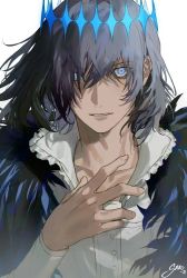 Rule 34 | 1boy, black hair, blue eyes, cloak, collared shirt, crown, fate/grand order, fate (series), hair between eyes, hand up, highres, looking at viewer, male focus, medium hair, oberon (fate), oberon (third ascension) (fate), parted lips, shirt, simple background, solo, spoilers, srro yo, upper body, white background, white shirt