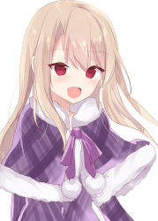 Rule 34 | 1girl, :d, blush, bow, capelet, commentary, fate/kaleid liner prisma illya, fate (series), fur-trimmed capelet, fur trim, hair between eyes, head tilt, highres, illyasviel von einzbern, jacket, light brown hair, long hair, natsu (sinker8c), open mouth, pink bow, plaid capelet, pom pom (clothes), purple capelet, purple jacket, red eyes, simple background, smile, solo, symbol-only commentary, upper body, very long hair, white background