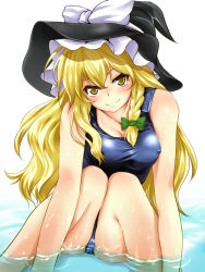 Rule 34 | 1girl, blonde hair, braid, breasts, covered erect nipples, female focus, hat, highres, k2isu, kirisame marisa, long hair, looking at viewer, naughty face, one-piece swimsuit, school swimsuit, shiny clothes, small breasts, solo, swimsuit, touhou, yellow eyes